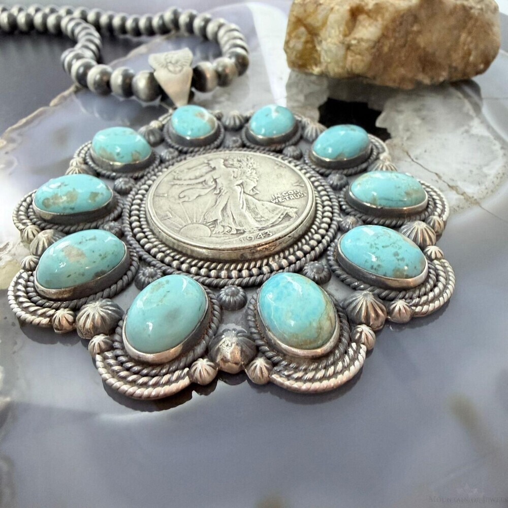 1943 Genuine 90% Silver Walking Liberty Half Dollar Coin w/Turquoise Uni Pendant - Picture 4 of 10